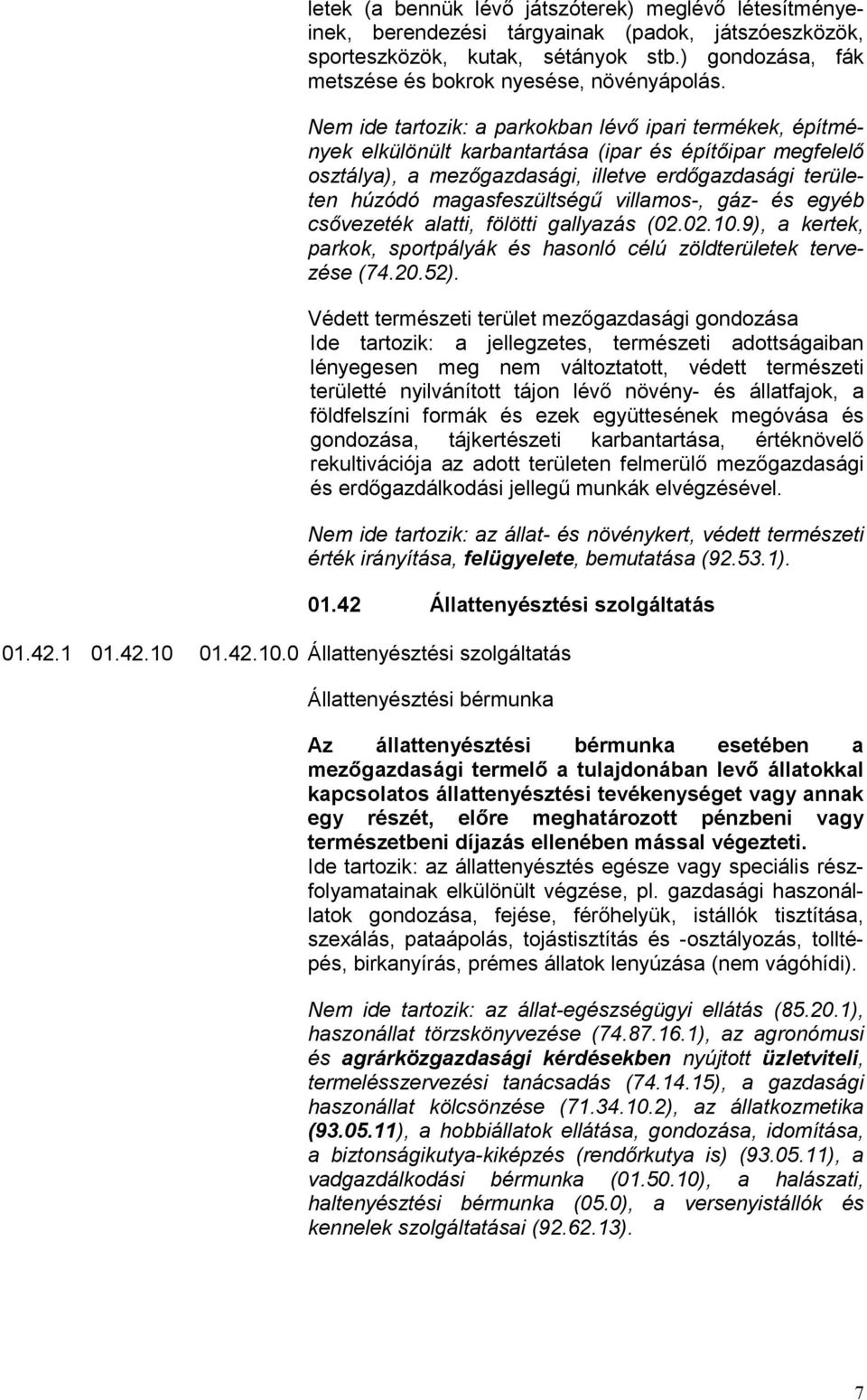 villamos-, gáz- és egyéb csővezeték alatti, fölötti gallyazás (02.02.10.9), a kertek, parkok, sportpályák és hasonló célú zöldterületek tervezése (74.20.52).