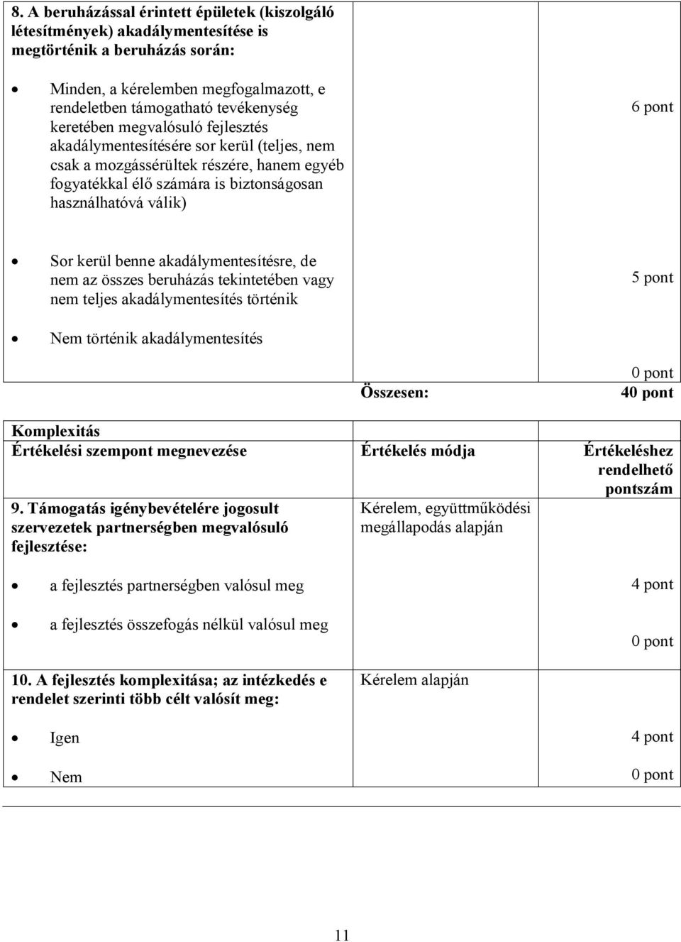 benne akadálymentesítésre, de nem az összes beruházás tekintetében vagy nem teljes akadálymentesítés történik Nem történik akadálymentesítés 5 pont Összesen: 0 pont 40 pont Komplexitás Értékelési