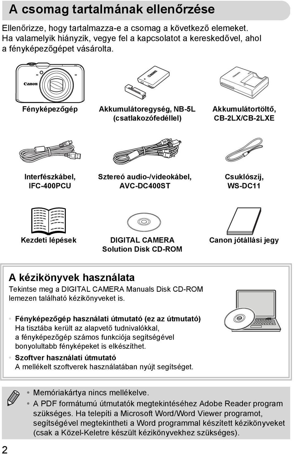 DIGITAL CAMERA Solution Disk CD-ROM Canon jótállási jegy A kézikönyvek használata Tekintse meg a DIGITAL CAMERA Manuals Disk CD-ROM lemezen található kézikönyveket is.