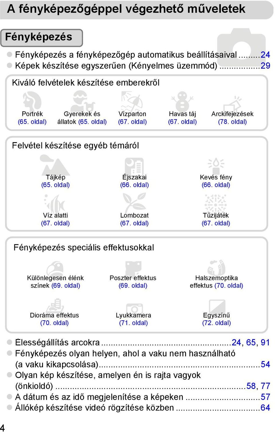 oldal) Felvétel készítése egyéb témáról JTájkép (65. oldal) SVíz alatti (67. oldal) Éjszakai (66. oldal) O Lombozat (67. oldal) Kevés fény (66. oldal) ttűzijáték (67.