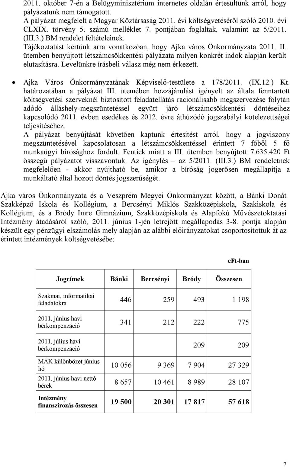 ütemben benyújtott létszámcsökkentési pályázata milyen konkrét indok alapján került elutasításra. Levelünkre írásbeli válasz még nem érkezett.