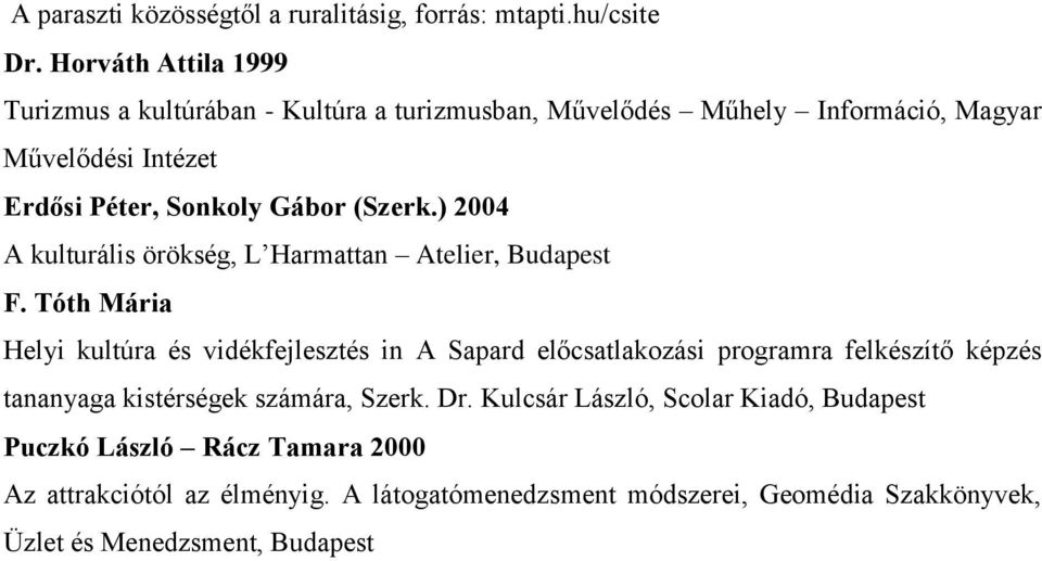 (Szerk.) 2004 A kulturális örökség, L Harmattan Atelier, Budapest F.