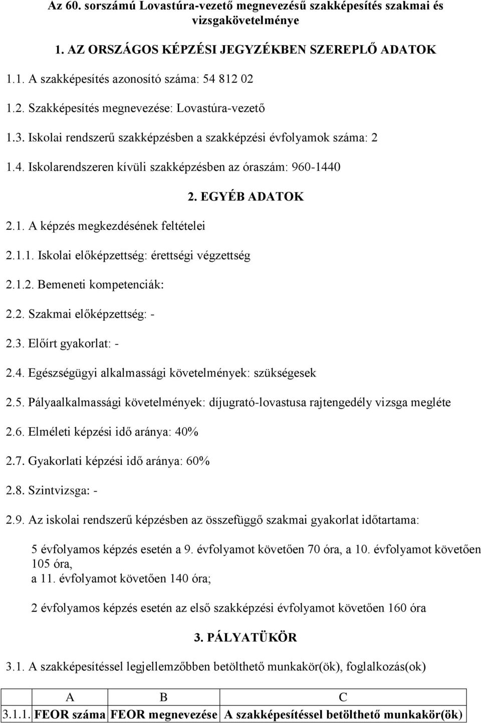 EGYÉB ADATOK 2.1.1. Iskolai előképzettség: érettségi végzettség 2.1.2. Bemeneti kompetenciák: 2.2. Szakmai előképzettség: - 2.3. Előírt gyakorlat: - 2.4.