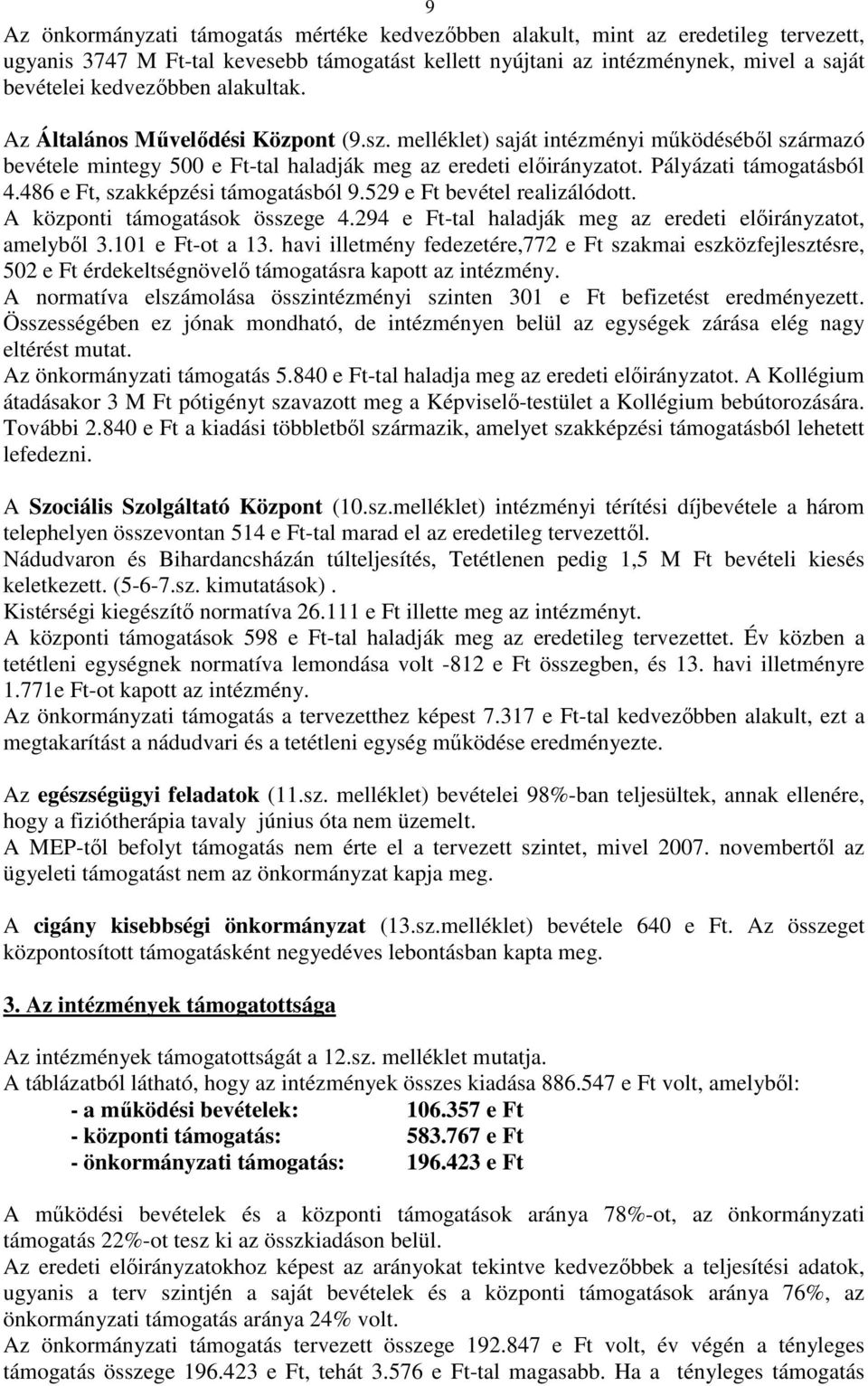 486 e Ft, szakképzési támogatásból 9.529 e Ft bevétel realizálódott. A központi támogatások összege 4.294 e Ft-tal haladják meg az eredeti elıirányzatot, amelybıl 3.101 e Ft-ot a 13.