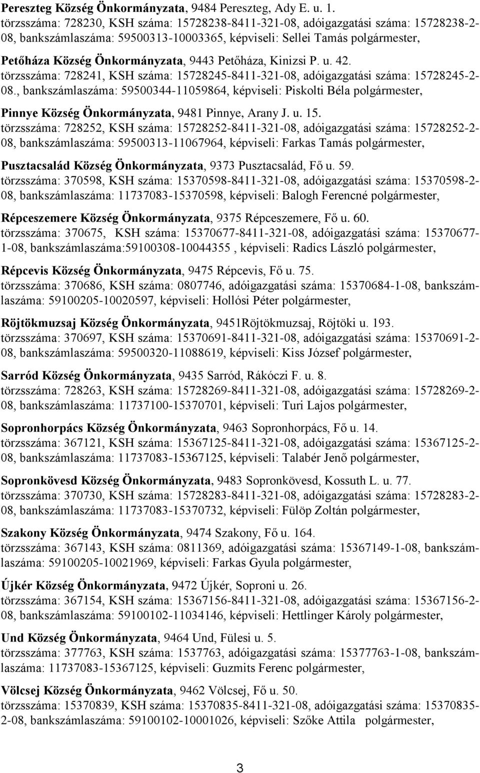 Petőháza, Kinizsi P. u. 42. törzsszáma: 728241, KSH száma: 15728245-8411-321-08, adóigazgatási száma: 15728245-2- 08.