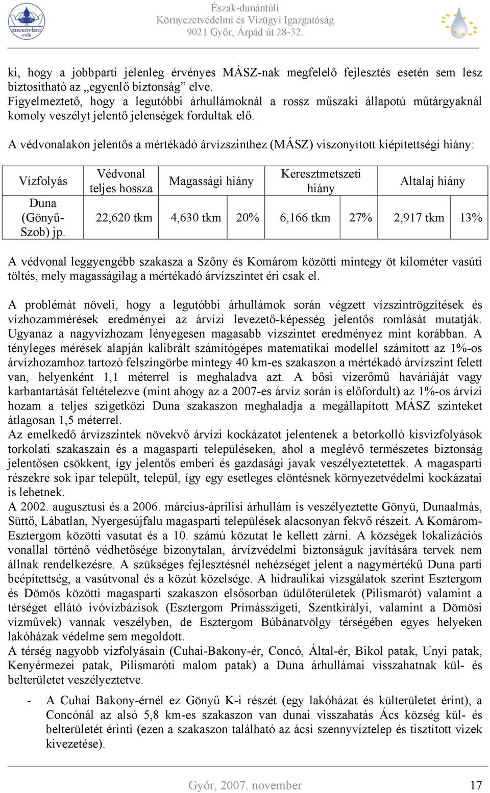 A védvonalakon jelentős a mértékadó árvízszinthez (MÁSZ) viszonyított kiépítettségi hiány: Vízfolyás Duna (Gönyű- Szob) jp.