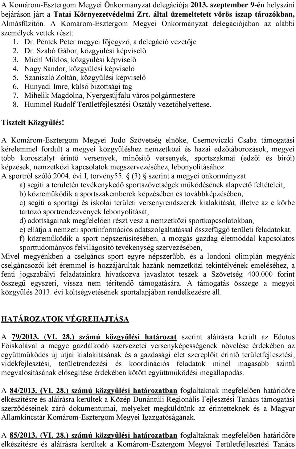 Michl Miklós, közgyűlési képviselő 4. Nagy Sándor, közgyűlési képviselő 5. Szaniszló Zoltán, közgyűlési képviselő 6. Hunyadi Imre, külső bizottsági tag 7.