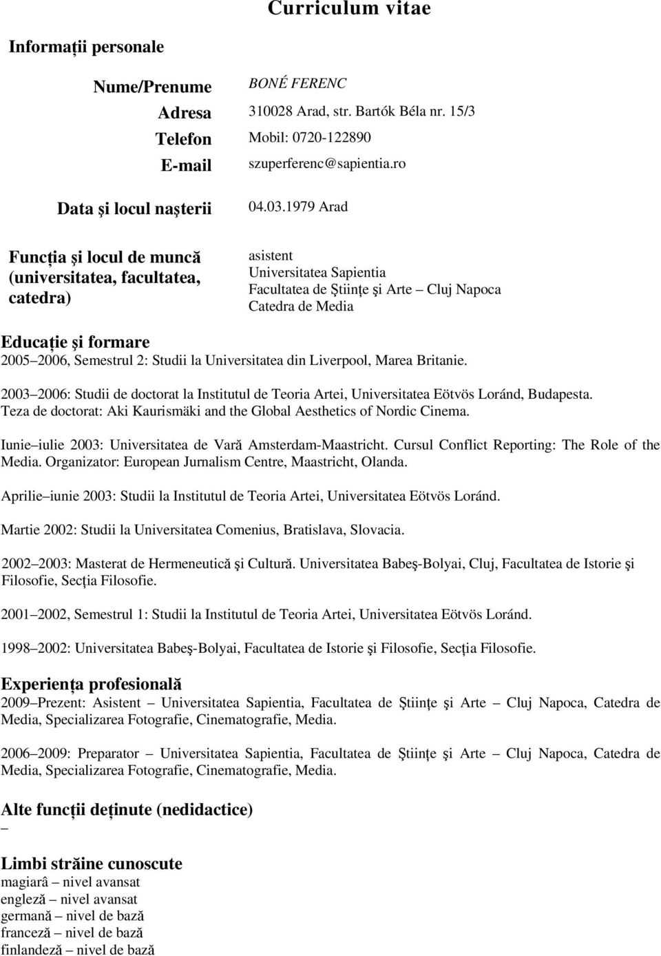 Semestrul 2: Studii la Universitatea din Liverpool, Marea Britanie. 2003 2006: Studii de doctorat la Institutul de Teoria Artei, Universitatea Eötvös Loránd, Budapesta.