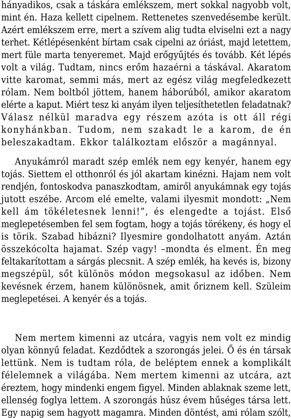 Két lépés volt a világ. Tudtam, nincs erőm hazaérni a táskával. Akaratom vitte karomat, semmi más, mert az egész világ megfeledkezett rólam.