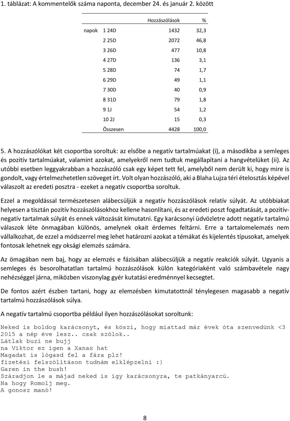 A hozzászólókat két csoportba soroltuk: az elsőbe a negatív tartalmúakat (i), a másodikba a semleges és pozitív tartalmúakat, valamint azokat, amelyekről nem tudtuk megállapítani a hangvételüket (ii).