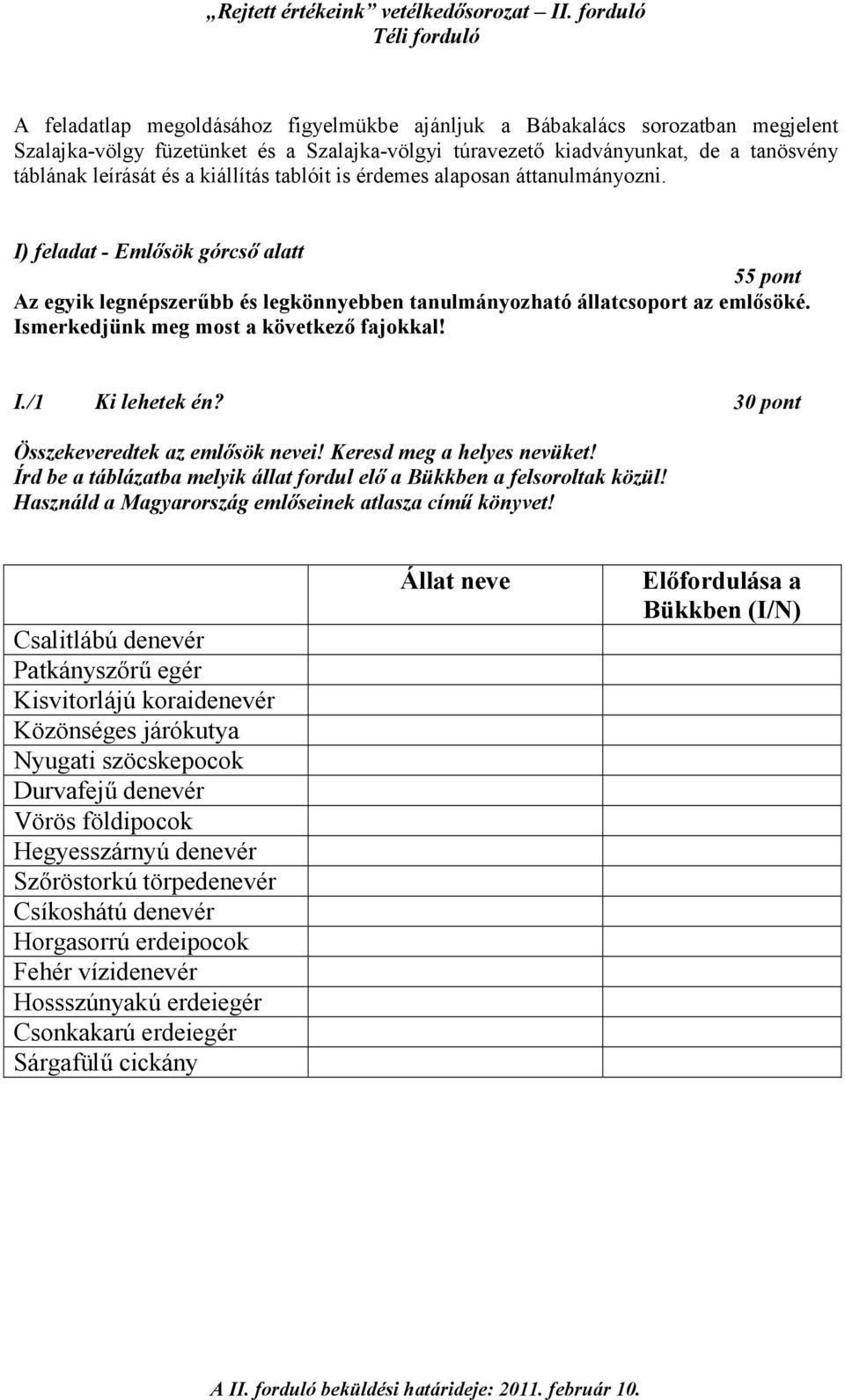 Ismerkedjünk meg most a következı fajokkal! I./1 Ki lehetek én? 30 pont Összekeveredtek az emlısök nevei! Keresd meg a helyes nevüket!