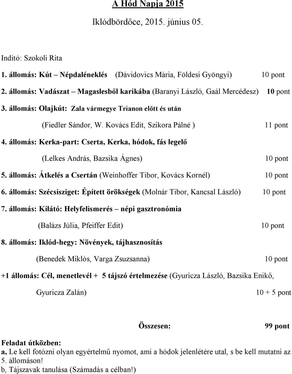 állomás: Kerka-part: Cserta, Kerka, hódok, fás legelő (Lelkes András, Bazsika Ágnes) 5. állomás: Átkelés a Csertán (Weinhoffer Tibor, Kovács Kornél) 6.