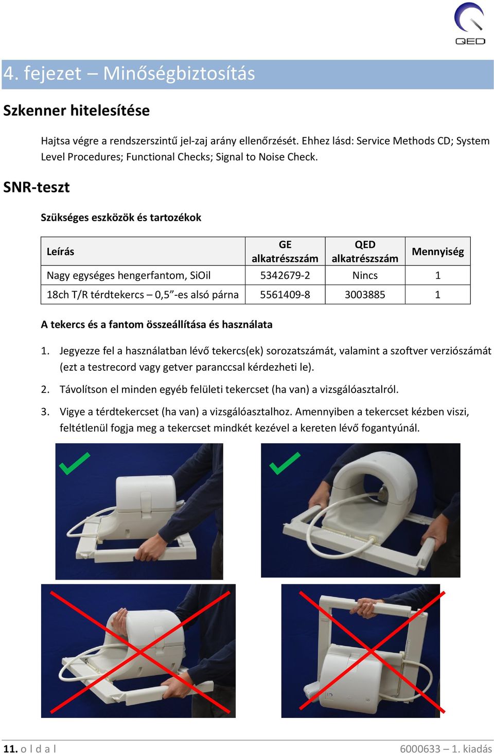 Szükséges eszközök és tartozékok Leírás GE alkatrészszám QED alkatrészszám Mennyiség Nagy egységes hengerfantom, SiOil 5342679-2 Nincs 1 18ch T/R térdtekercs 0,5 -es alsó párna 5561409-8 3003885 1 A