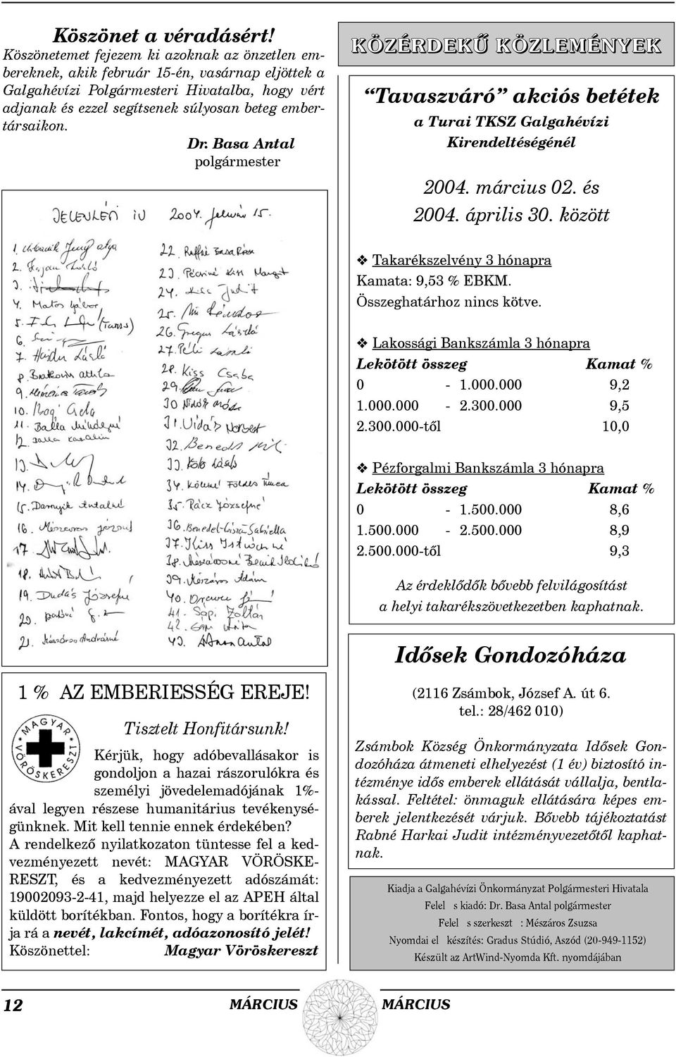 embertársaikon. Dr. Basa Antal polgármester KÖZÉRDEKÛ KÖZLEMÉNYEK Tavaszváró akciós betétek a Turai TKSZ Galgahévízi Kirendeltéségénél 2004. március 02. és 2004. április 30.