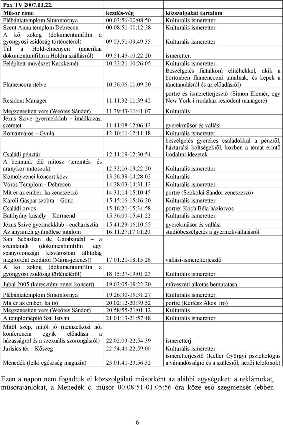 Túl a Hold-élményen (amerikai dokumentumfilm a Holdra szállásról) 09:51:45-10:22:20 ismeretter. Felépített művészet Kecskemét 10:22:21-10:26:05 Kulturális ismeretter.