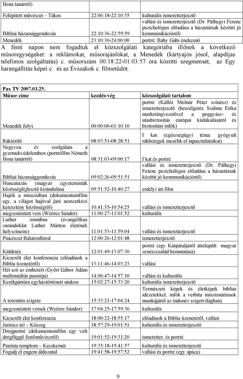 következő műsoregységeket: a reklámokat, műsorajánlókat, a Menedék (kártyajós jósol, alapdíjas telefonos szolgáltatás) c.