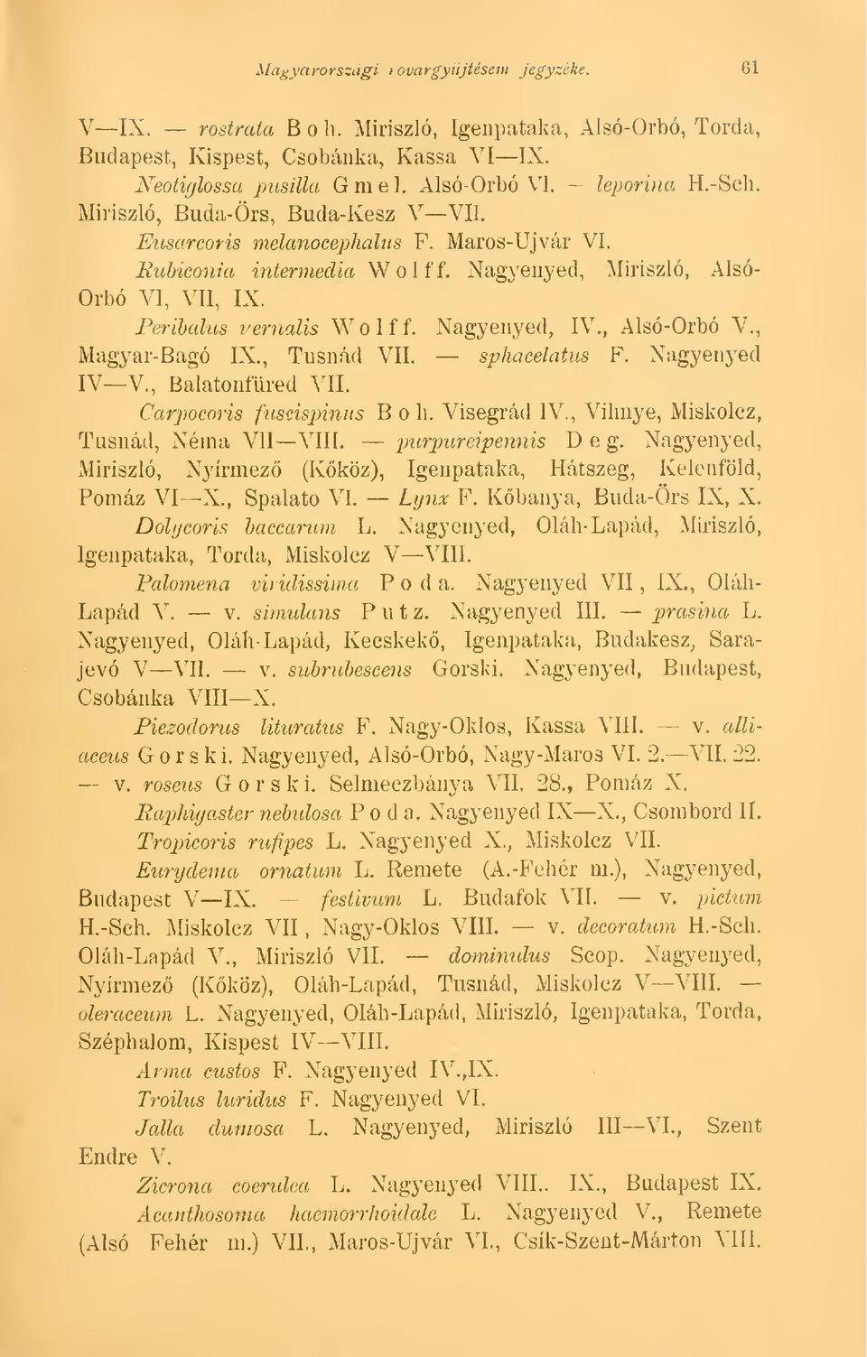 Nagyenyed, IV., Alsó-Orbó V., Magyar-Bagó IX., Tusnád VII. sphacelatus F. Nagyenyed IV V., Balatonfüred VII. Carpocoris fusúspinus B o h. Visegrád IV., Vihnye, Miskolcz, Tusnád, Néma VII VIII.