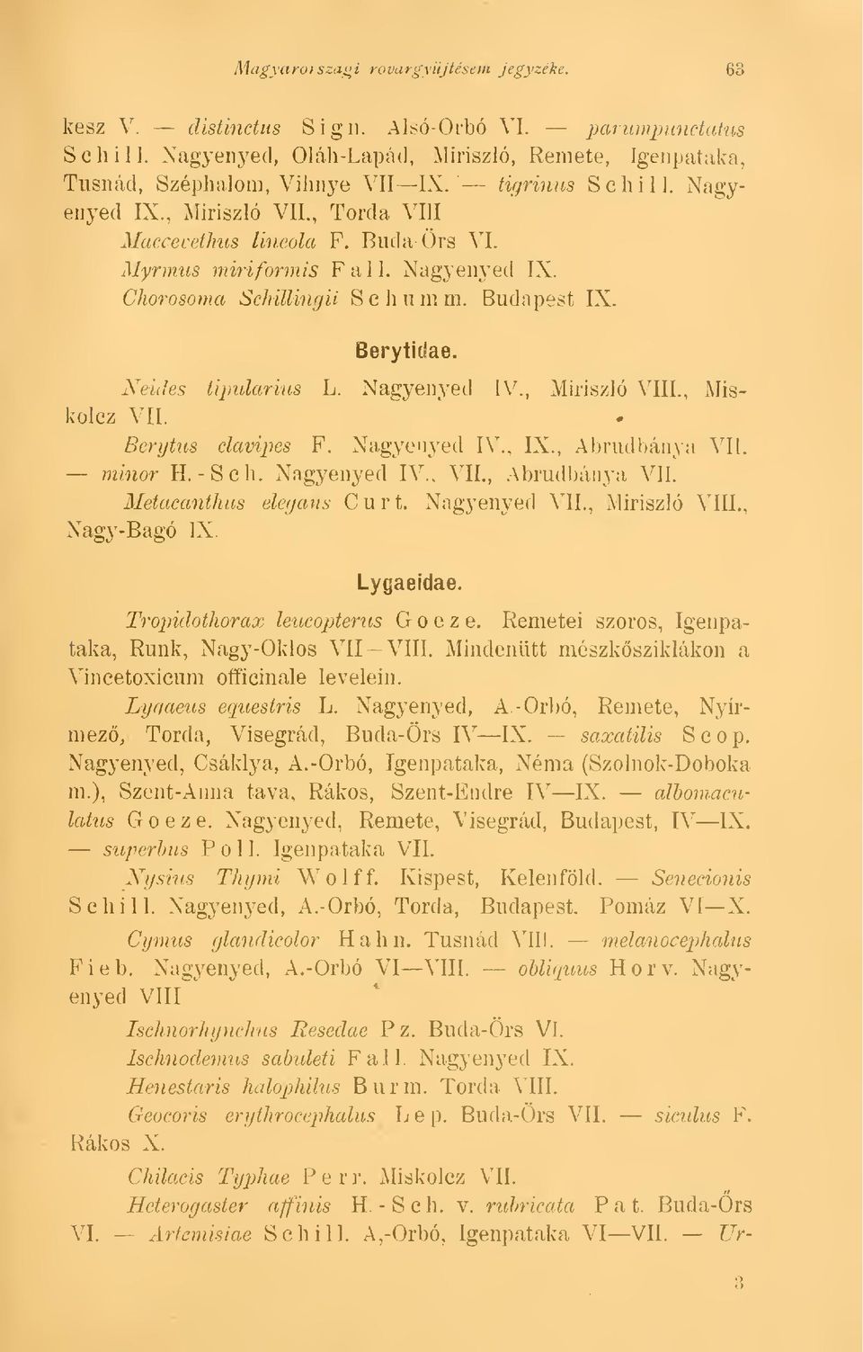 Nagyenyed IV., Miriszló VIII., Miskolcz Berytidae. VII. Berytus clavipes F. Nagyenyed IV., IX., Abrudhánya VII. minor H. -Sch. Nagyenyed IV.. VIL,.Abrudhánya VII. Metacanthus elegáns C u r t.