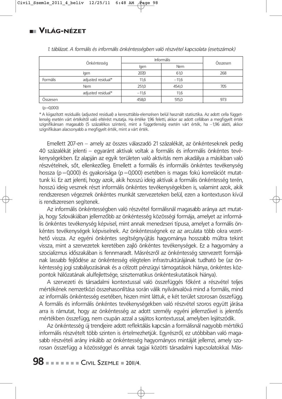 adjusted residual* 11,6 11,6 Összesen 458,0 515,0 973 (p=0,000) * A kiigazított reziduális (adjusted residual) a kereszttábla-elemzésen belül használt statisztika.