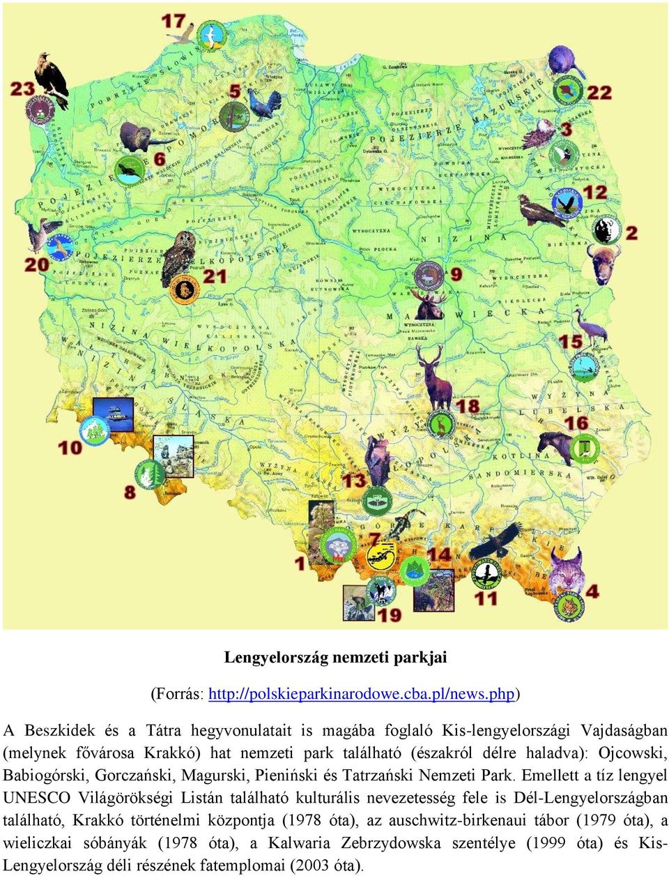 haladva): Ojcowski, Babiogórski, Gorczański, Magurski, Pieniński és Tatrzański Nemzeti Park.