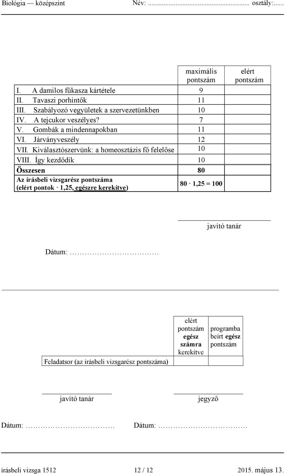 Így kezdődik 10 Összesen 80 Az írásbeli vizsgarész pontszáma (elért pontok 1,25, egészre kerekítve) 80 1,25 = 100 elért pontszám javító tanár Dátum: