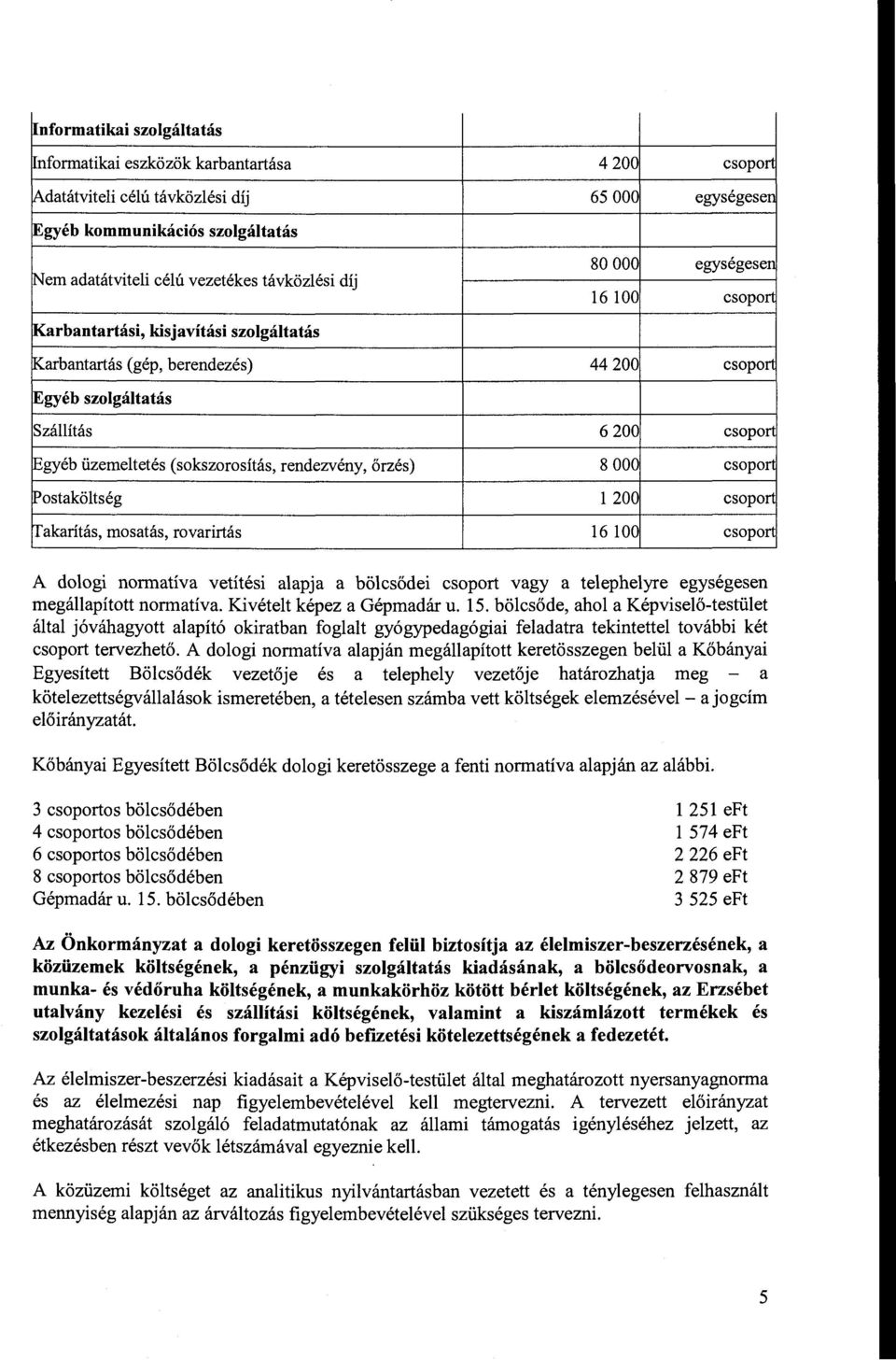 egyéb üzemeltetés (sokszorosítás, rendezvény, őrzés) 8 OOO csoport :Postaköltség l 200 csoport irakarítás, mosatás, rovarirtás 16 100 csoport A dologi normatíva vetítési alapja a bölcsődei csoport