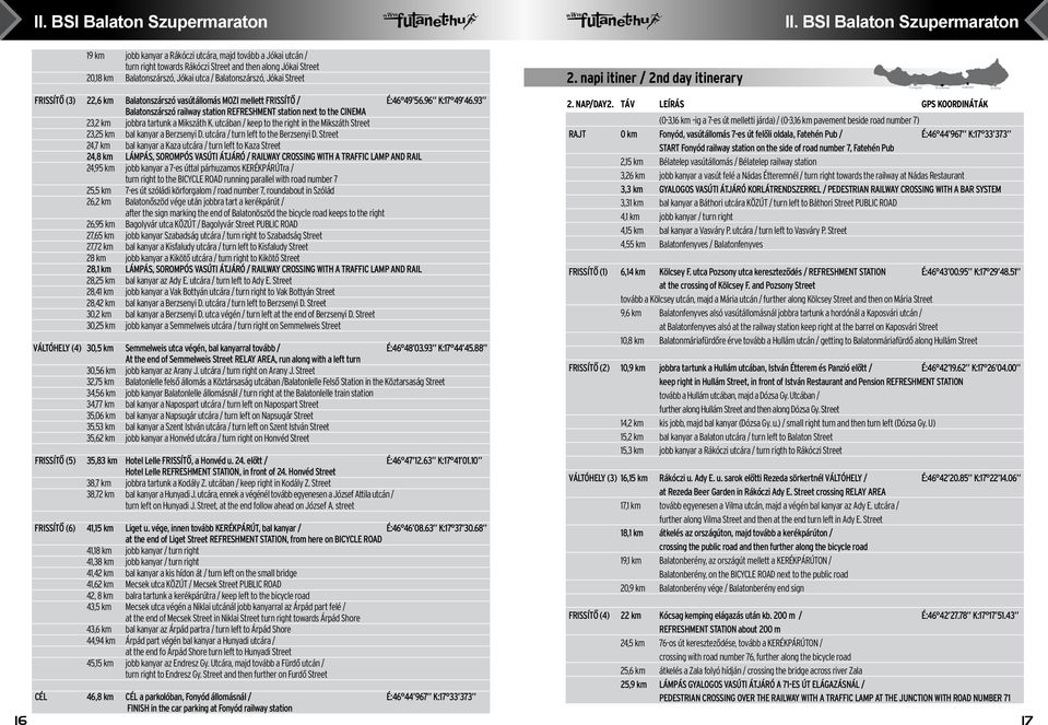 93 Balatonszárszó railway station REFRESHMENT station next to the CINEMA 23,2 km jobbra tartunk a Mikszáth K. utcában / keep to the right in the Mikszáth Street 23,25 km bal kanyar a Berzsenyi D.