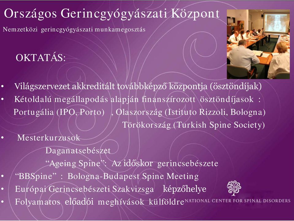 (Istituto Rizzoli, Bologna) Törökország (Turkish Spine Society) Mesterkurzusok Daganatsebészet Ageing Spine : Az időskor