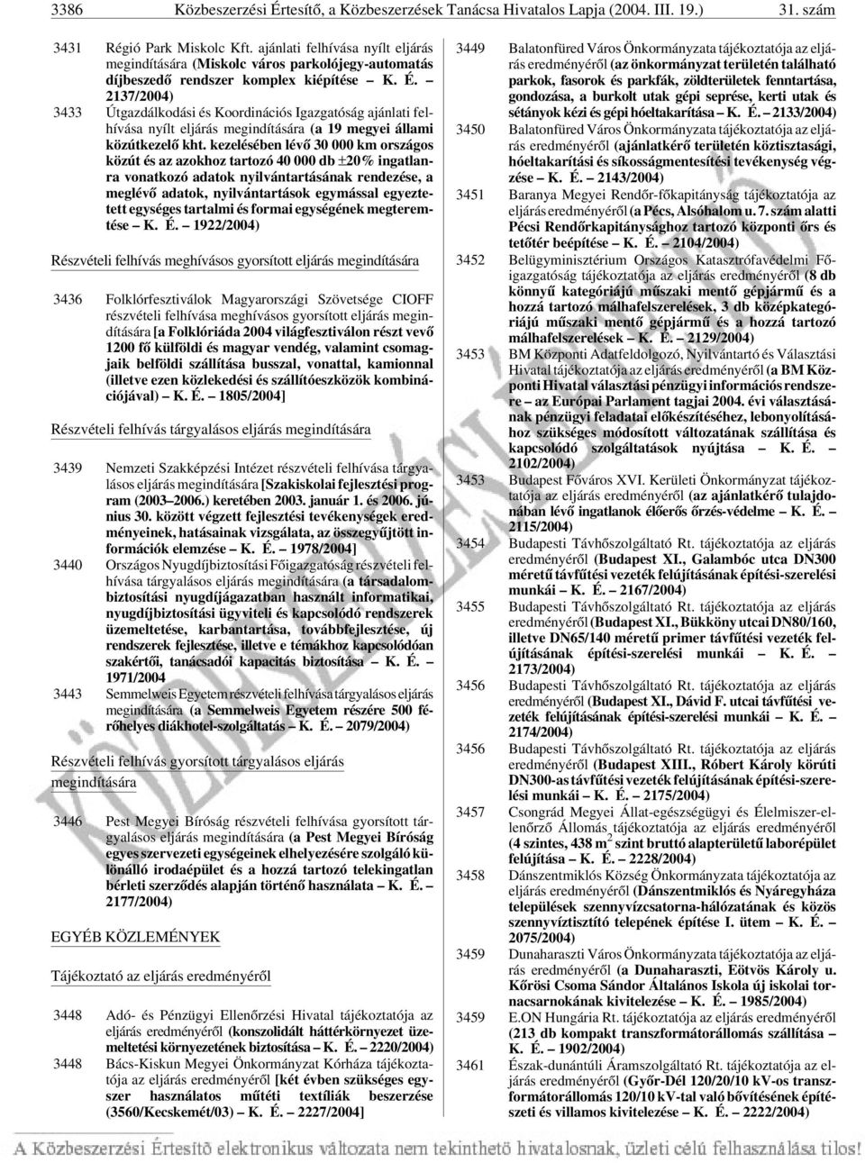 2137/2004) 3433 Útgazdálkodási és Koordinációs Igazgatóság ajánlati felhívása nyílt eljárás megindítására (a 19 megyei állami közútkezelõ kht.