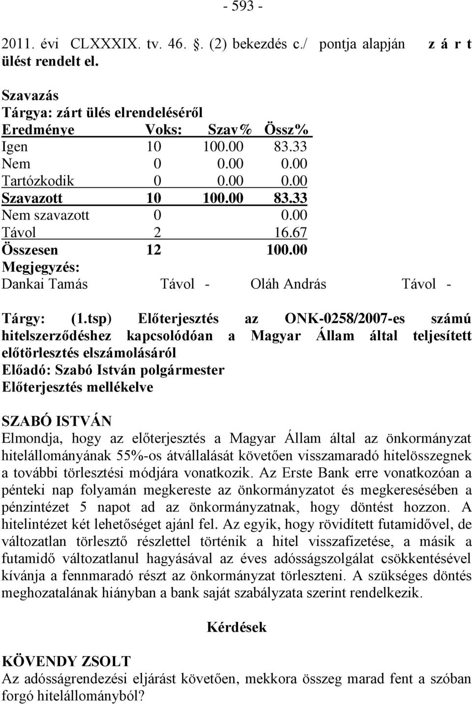 tsp) Előterjesztés az ONK-0258/2007-es számú hitelszerződéshez kapcsolódóan a Magyar Állam által teljesített előtörlesztés elszámolásáról Előadó: Szabó István polgármester Előterjesztés mellékelve