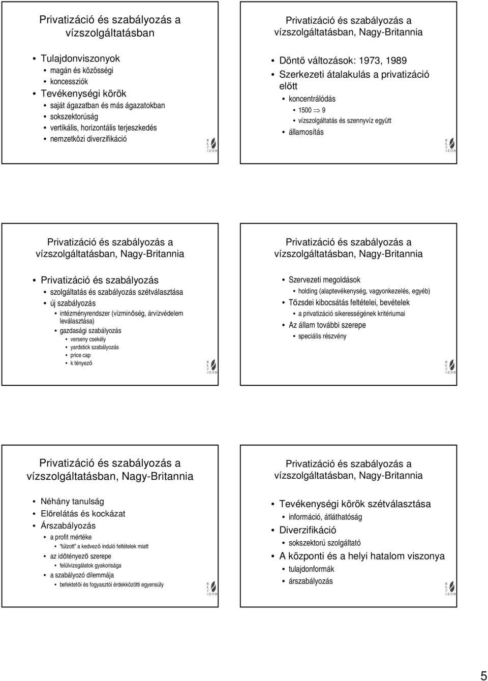 (vízminőség, árvízvédelem leválasztása) gazdasági verseny csekély yardstick price cap k tényező Szervezeti megoldások holding (alaptevékenység, vagyonkezelés, egyéb) Tőzsdei kibocsátás feltételei,