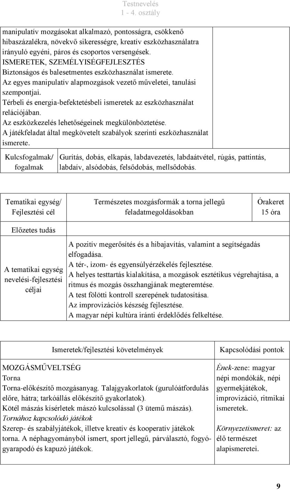 Térbeli és energia-befektetésbeli ismeretek az eszközhasználat relációjában. Az eszközkezelés lehetőségeinek megkülönböztetése.