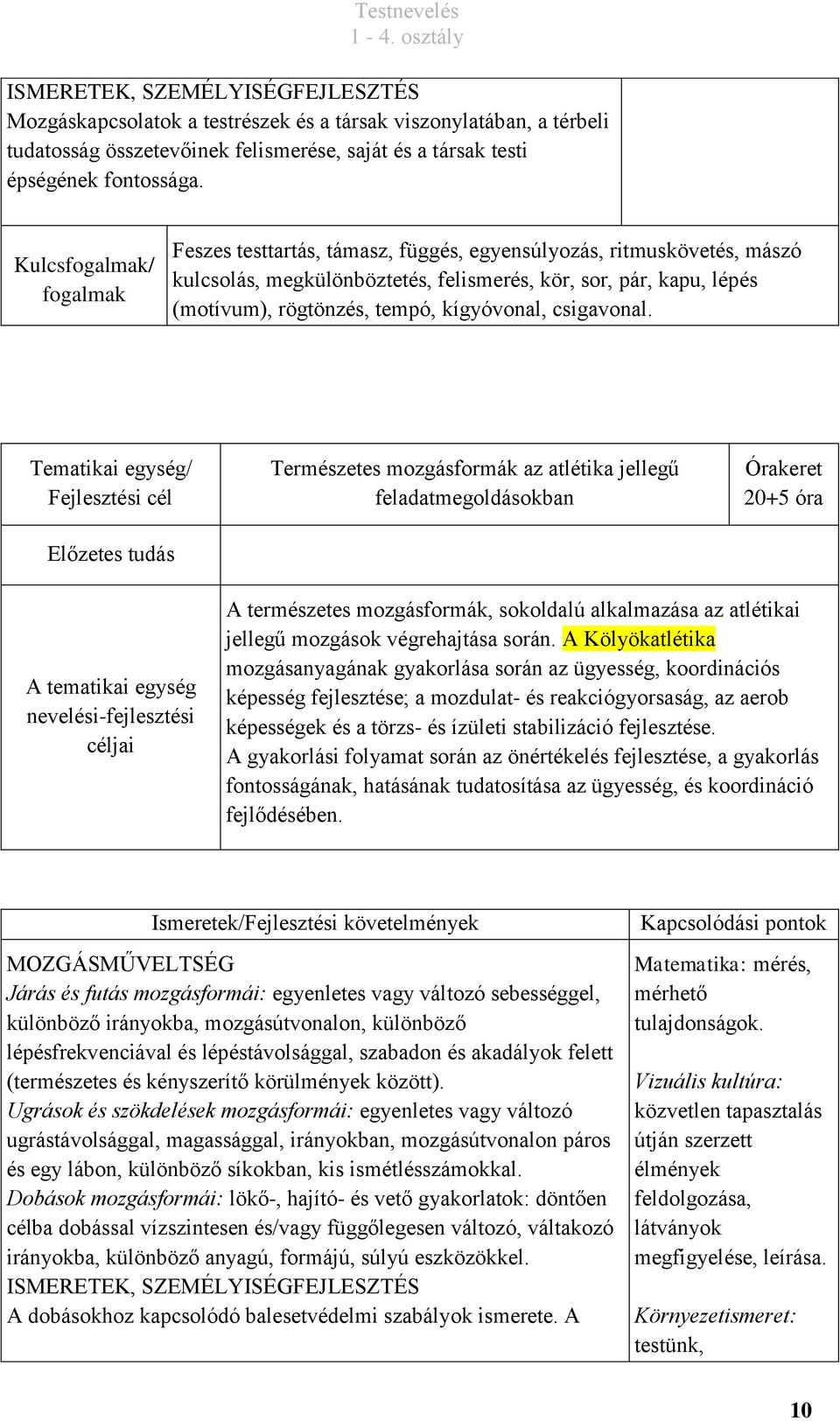 Természetes mozgásformák az atlétika jellegű feladatmegoldásokban 20+5 óra A természetes mozgásformák, sokoldalú alkalmazása az atlétikai jellegű mozgások végrehajtása során.