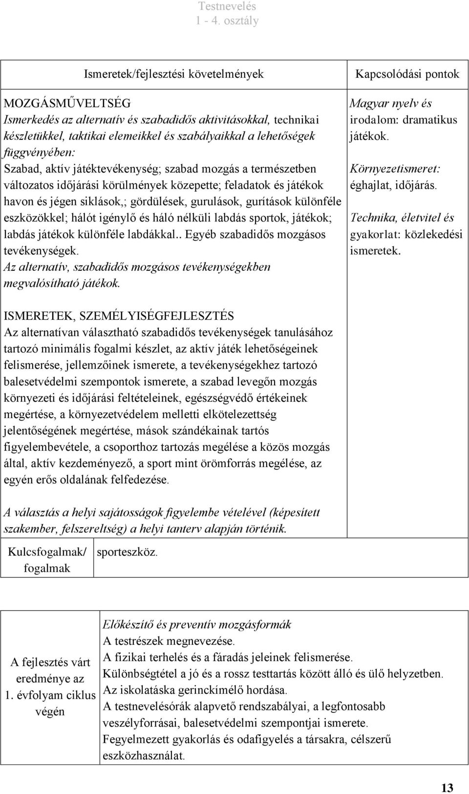 sportok, játékok; labdás játékok különféle labdákkal.. Egyéb szabadidős mozgásos tevékenységek. Az alternatív, szabadidős mozgásos tevékenységekben megvalósítható játékok.