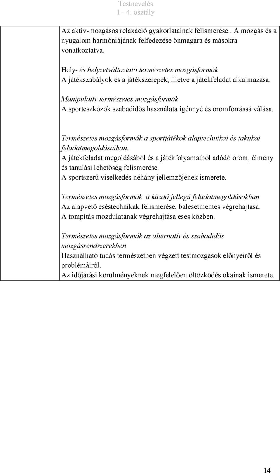 Manipulatív természetes mozgásformák A sporteszközök szabadidős használata igénnyé és örömforrássá válása. Természetes mozgásformák a sportjátékok alaptechnikai és taktikai feladatmegoldásaiban.