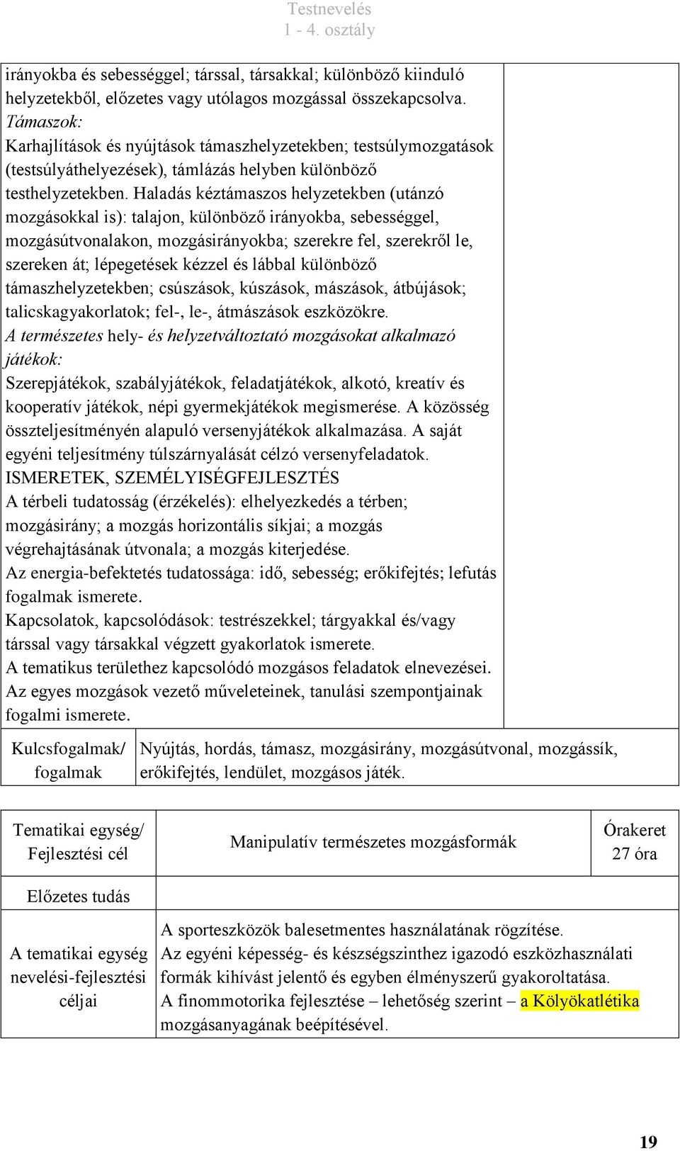 Haladás kéztámaszos helyzetekben (utánzó mozgásokkal is): talajon, különböző irányokba, sebességgel, mozgásútvonalakon, mozgásirányokba; szerekre fel, szerekről le, szereken át; lépegetések kézzel és