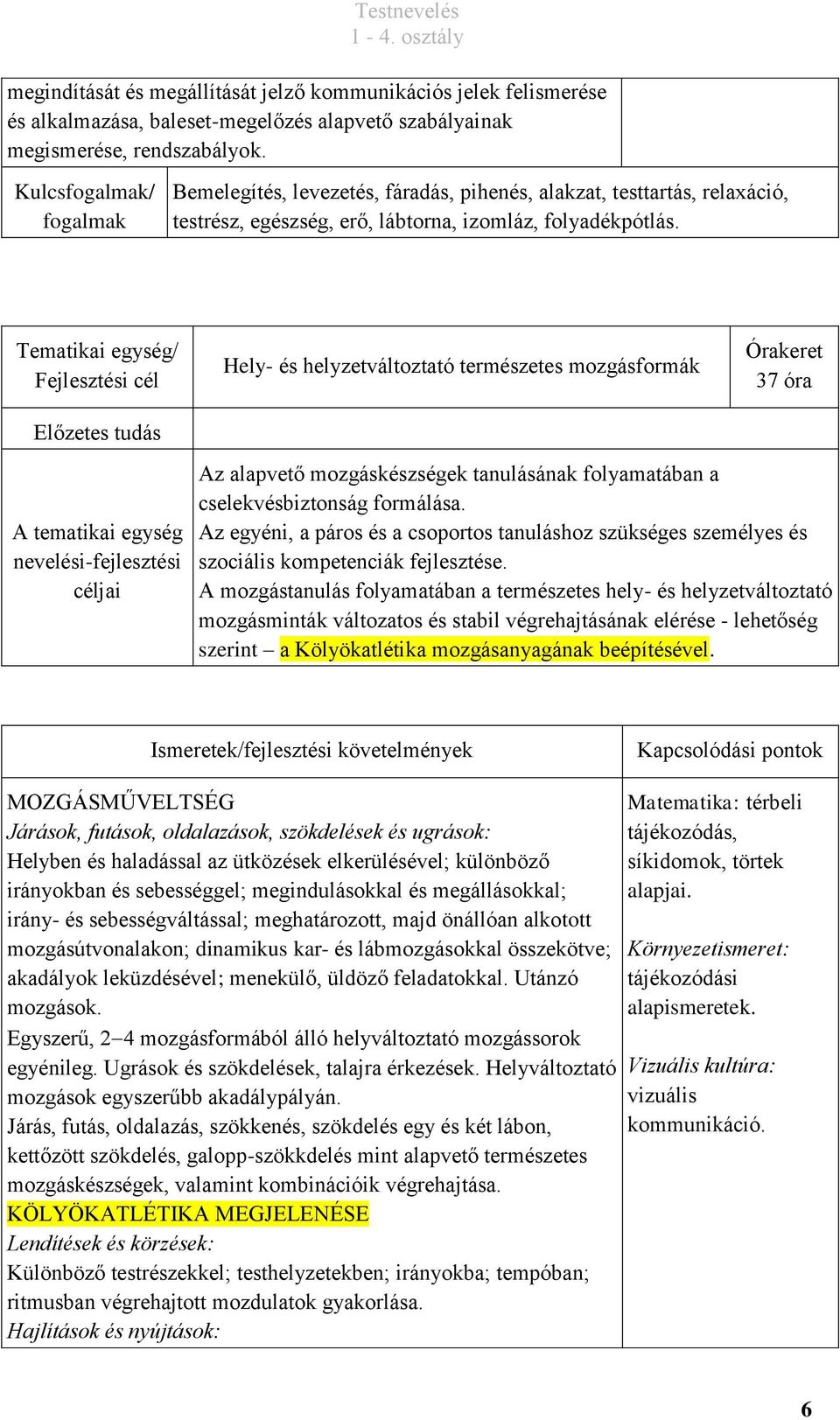 Hely- és helyzetváltoztató természetes mozgásformák 37 óra Az alapvető mozgáskészségek tanulásának folyamatában a cselekvésbiztonság formálása.