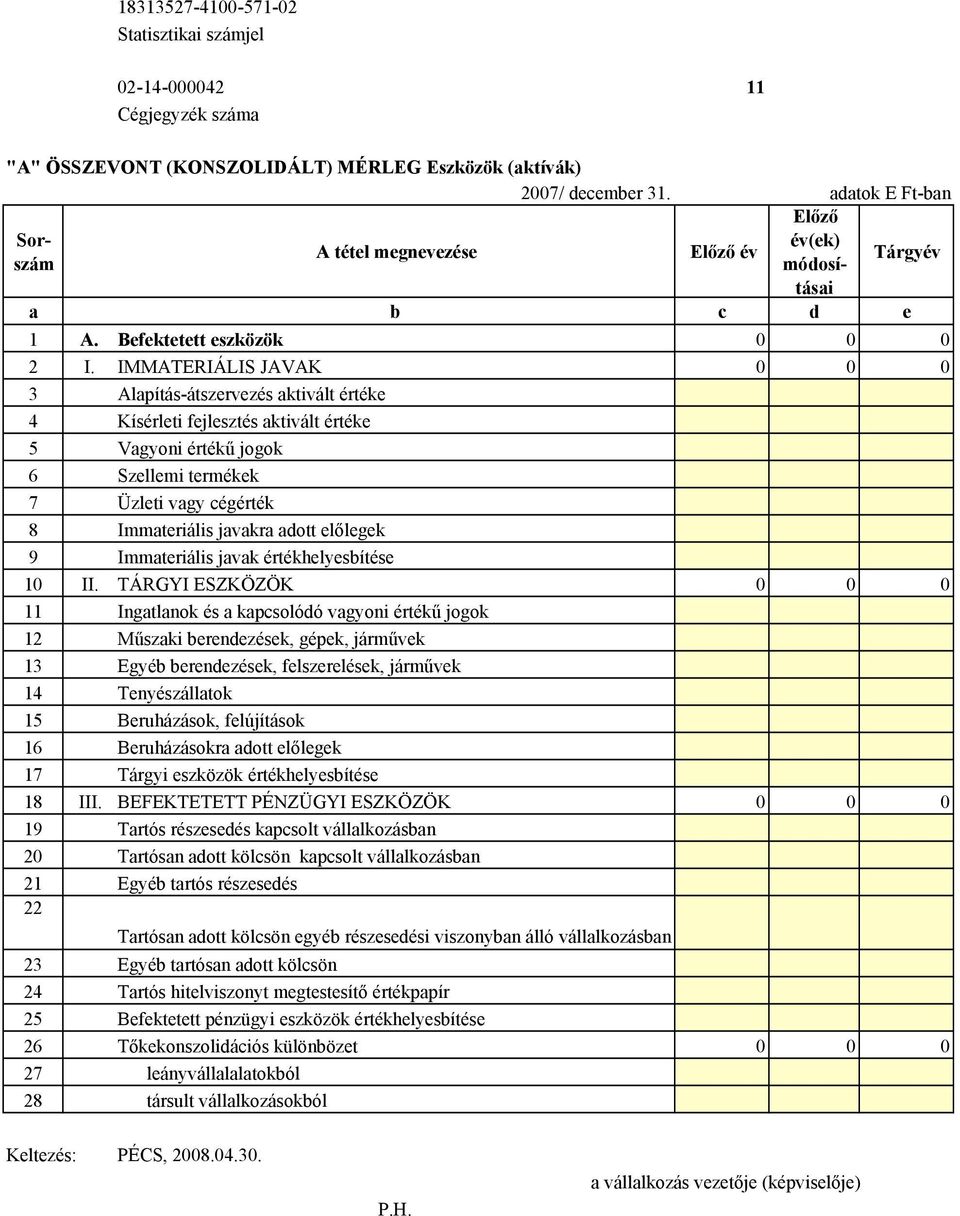 IMMATERIÁLIS JAVAK 0 0 0 3 Alapítás-átszervezés aktivált értéke 4 Kísérleti fejlesztés aktivált értéke 5 Vagyoni értékű jogok 6 Szellemi termékek 7 Üzleti vagy cégérték 8 Immateriális javakra adott