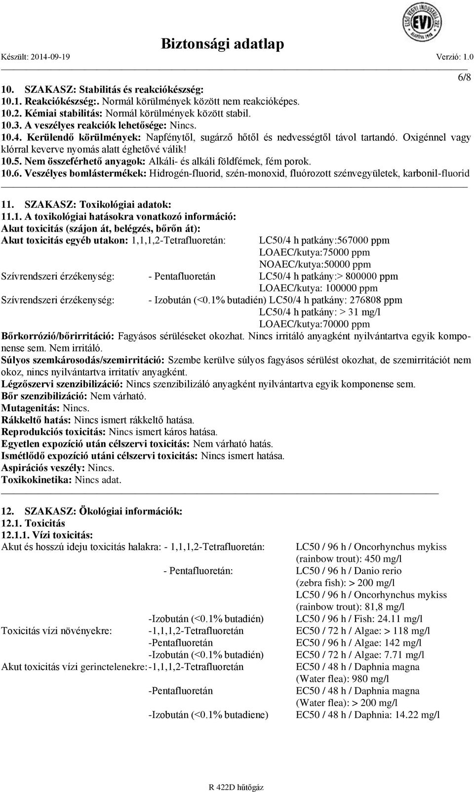 Nem összeférhető anyagok: Alkáli- és alkáli földfémek, fém porok. 10.6. Veszélyes bomlástermékek: Hidrogén-fluorid, szén-monoxid, fluórozott szénvegyületek, karbonil-fluorid 11.