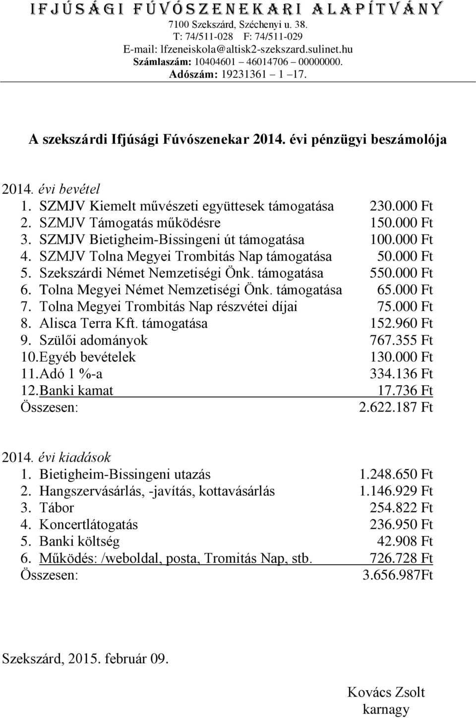 SZMJV Kiemelt művészeti együttesek támogatása 230.000 Ft 2. SZMJV Támogatás működésre 150.000 Ft 3. SZMJV Bietigheim-Bissingeni út támogatása 100.000 Ft 4.