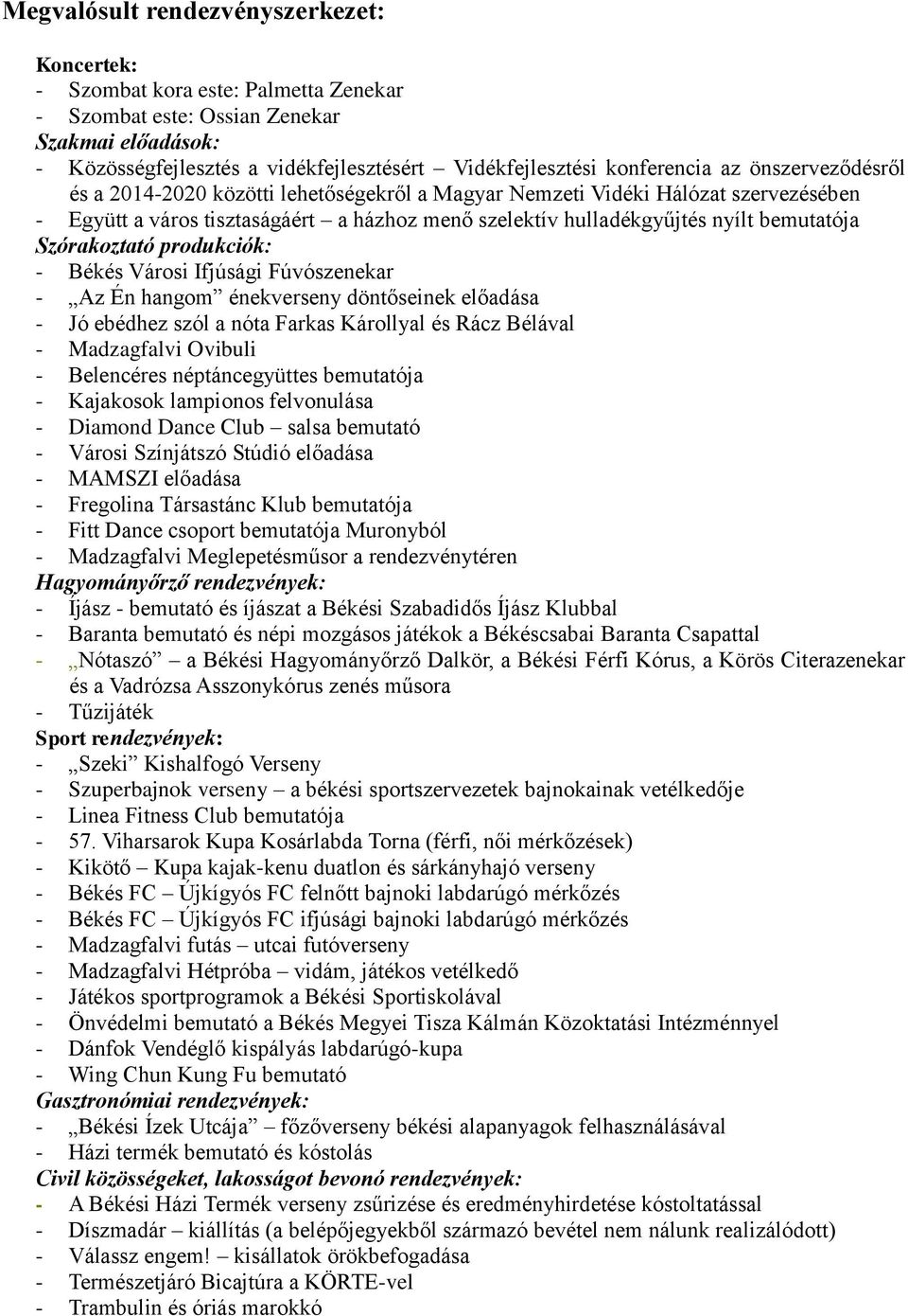 bemutatója Szórakoztató produkciók: - Békés Városi Ifjúsági Fúvószenekar - Az Én hangom énekverseny döntőseinek előadása - Jó ebédhez szól a nóta Farkas Károllyal és Rácz Bélával - Madzagfalvi