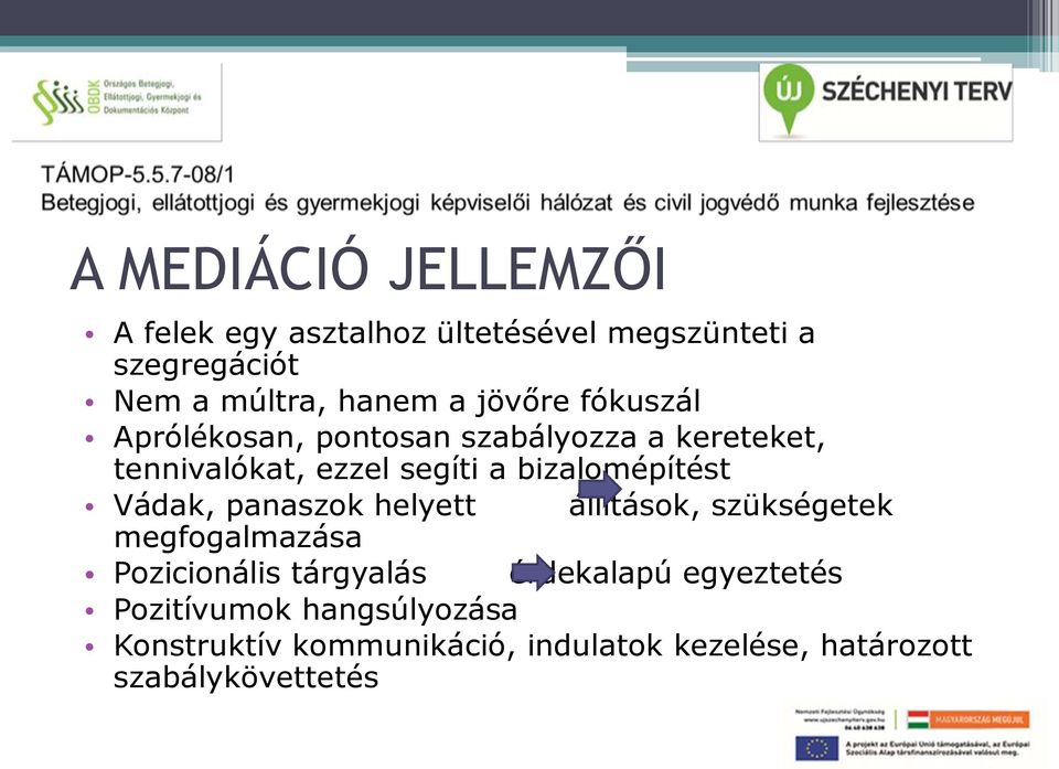 bizalomépítést Vádak, panaszok helyett állítások, szükségetek megfogalmazása Pozicionális tárgyalás