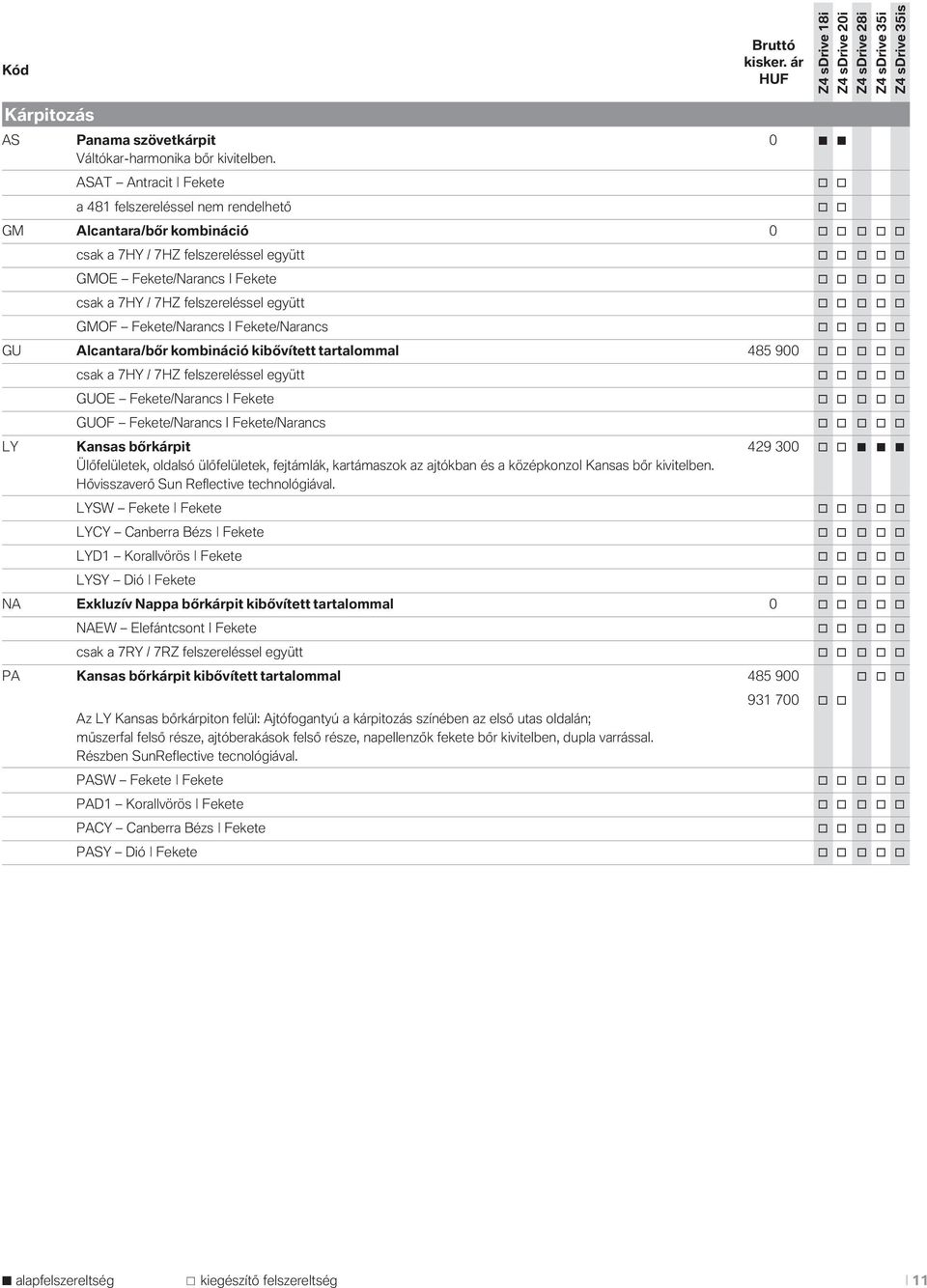 7HY / 7HZ felszereléssel együtt o o o o o GMOF Fekete/Narancs I Fekete/Narancs o o o o o GU Alcantara/bőr kombináció kibővített tartalommal 485 900 o o o o o csak a 7HY / 7HZ felszereléssel együtt o