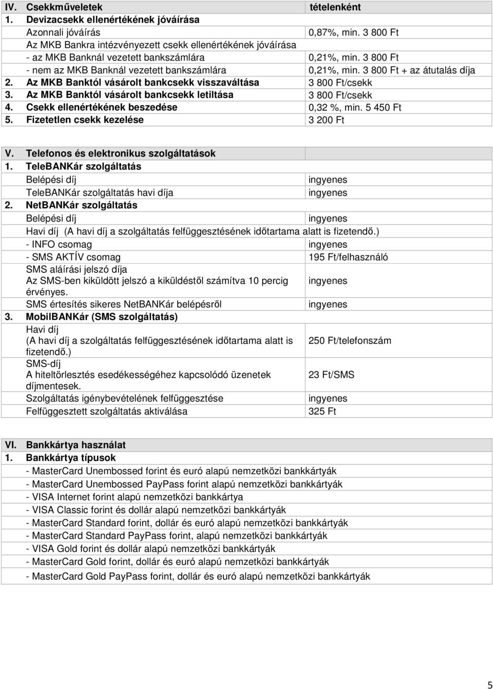 3 800 Ft + az átutalás díja 2. Az MKB Banktól vásárolt bankcsekk visszaváltása 3 800 Ft/csekk 3. Az MKB Banktól vásárolt bankcsekk letiltása 3 800 Ft/csekk 4.