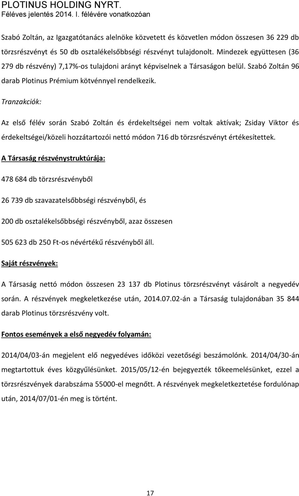 Tranzakciók: Az első félév során Szabó Zoltán és érdekeltségei nem voltak aktívak; Zsiday Viktor és érdekeltségei/közeli hozzátartozói nettó módon 716 db törzsrészvényt értékesítettek.