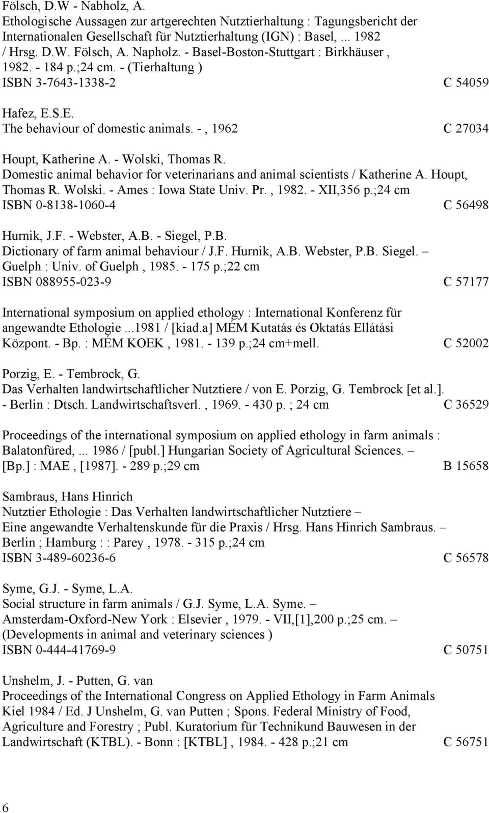 - Wolski, Thomas R. Domestic animal behavior for veterinarians and animal scientists / Katherine A. Houpt, Thomas R. Wolski. - Ames : Iowa State Univ. Pr., 1982. - XII,356 p.