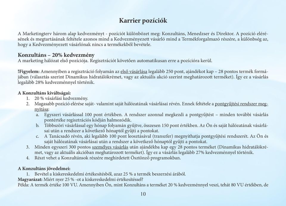 Konzultáns 20% kedvezmény A marketing hálózat első pozíciója. Regisztrációt követően automatikusan erre a pozícióra kerül.