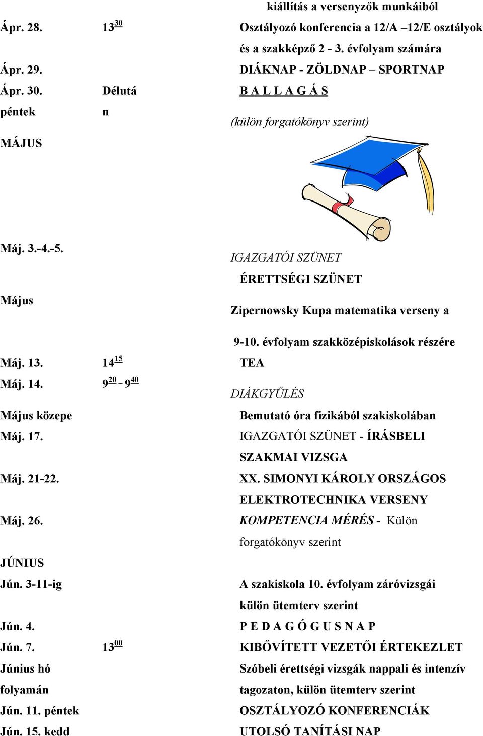 15 TEA Máj. 14. 9 20 9 40 DIÁKGYŰLÉS Május közepe Bemutató óra fizikából szakiskolában Máj. 17. IGAZGATÓI SZÜNET - ÍRÁSBELI SZAKMAI VIZSGA Máj. 21-22. XX.