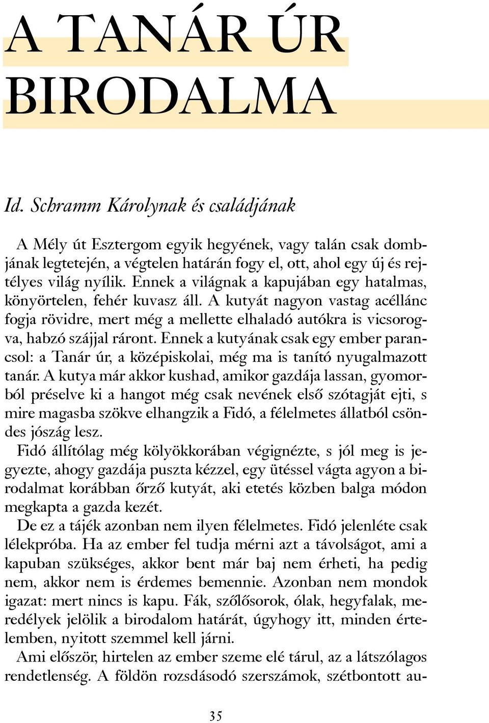 Ennek a világnak a kapujában egy hatalmas, könyörtelen, fehér kuvasz áll. A kutyát nagyon vastag acéllánc fogja rövidre, mert még a mellette elhaladó autókra is vicsorogva, habzó szájjal ráront.