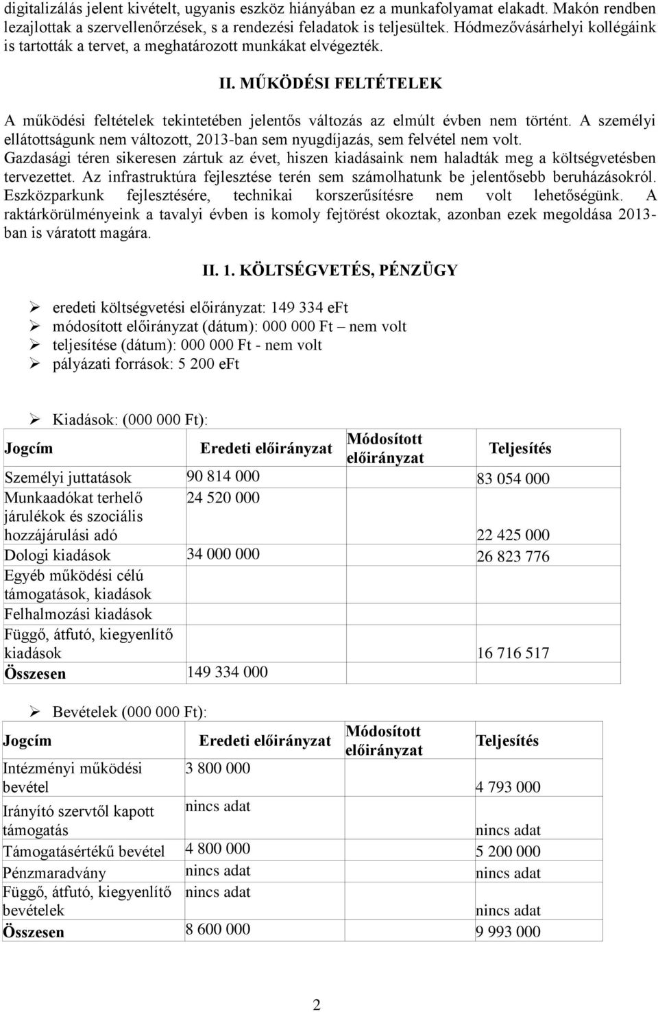 A személyi ellátottságunk nem változott, 2013-ban sem nyugdíjazás, sem felvétel nem volt. Gazdasági téren sikeresen zártuk az évet, hiszen kiadásaink nem haladták meg a költségvetésben tervezettet.